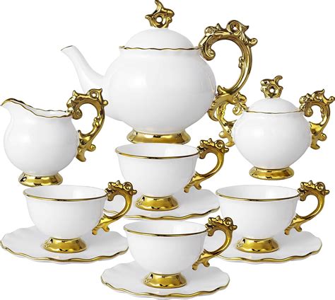 Fanquare 15 Piece Vintage Porcelain Tea Set For 6 White Large Tea Cups Set Tea
