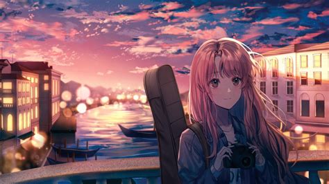 Download 1920x1080 Cute Anime Girl Sunset Bridge Lights