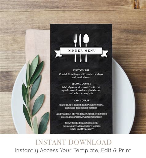 Printable Menu Card Template Wedding Dinner Menu Instant Etsy
