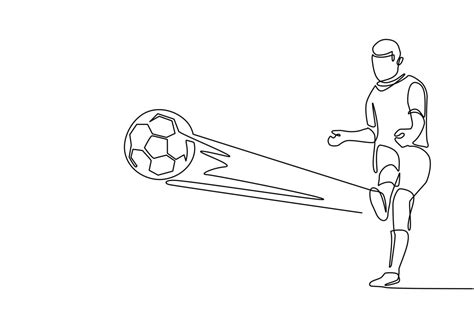 Single One Line Drawing Soccer Player Kicks Soccer Ball Football