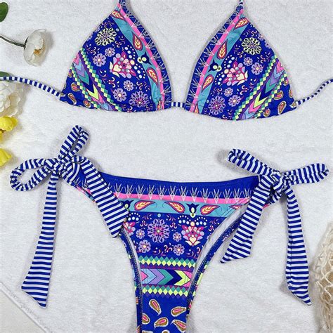 nautical floral tie side cheeky slide triangle brazilian two piece bik brazilian bikini swimsuits