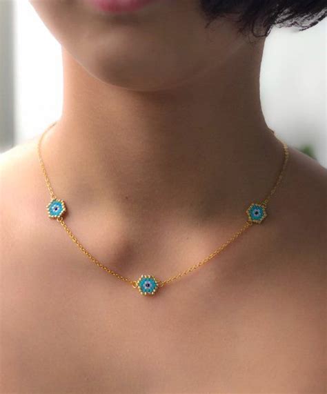 Miyuki Evil Eye Charm Necklace With Gold Filled Chain Designed Etsy