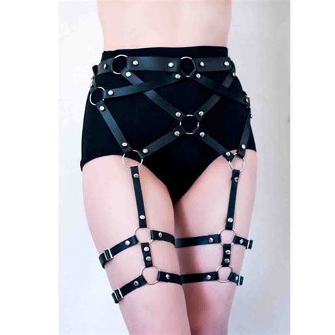 sexy women pu leather body harness caged waist belts with garter belt punk gothic rock