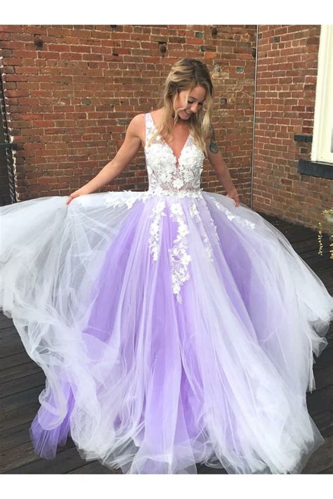 a line purple tulle v neck floor length prom dress with white applique simibridaldresses
