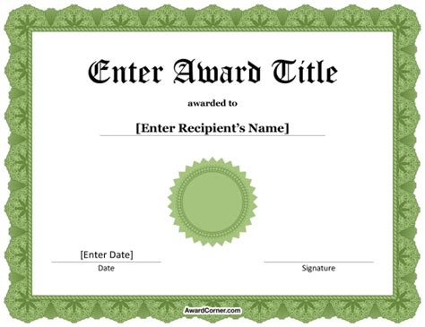 Green Award Seal Certificate Template For Microsoft Word