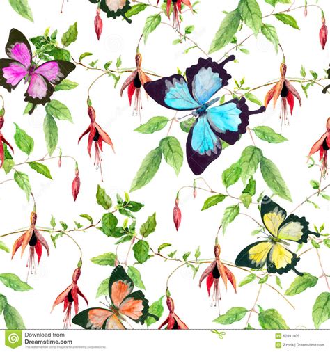 Exotic Flowers And Tropical Butterflies Seamless Floral Pattern