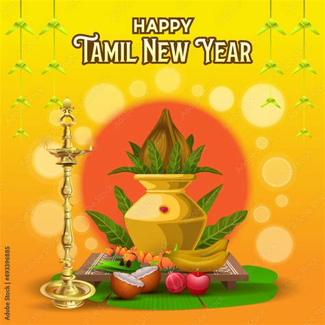 Happy Tamil New Year Greetings With Traditional Ritual Elements Stock