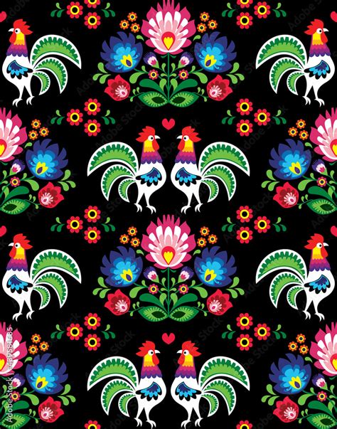 Seamless Polish Folk Art Pattern With Roosters And Flowers Wzory