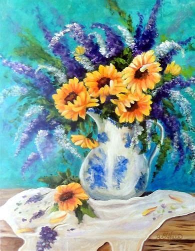 Daily Paintworks Sunflower And Purple Flowers In Vase Still Life