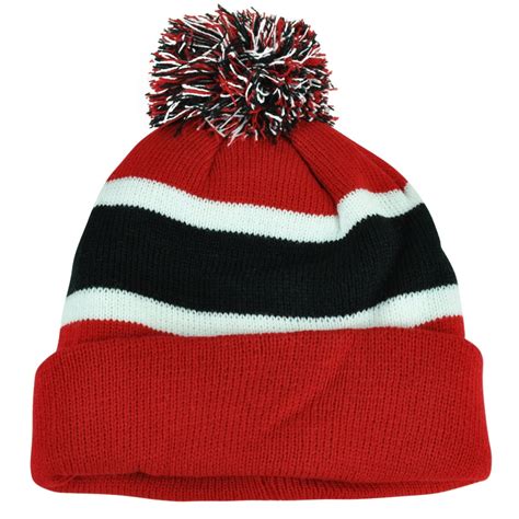 Plain Blank Striped Cuffed Red Black Thick Hat Beanie Pom Pom Knit Skully Toque