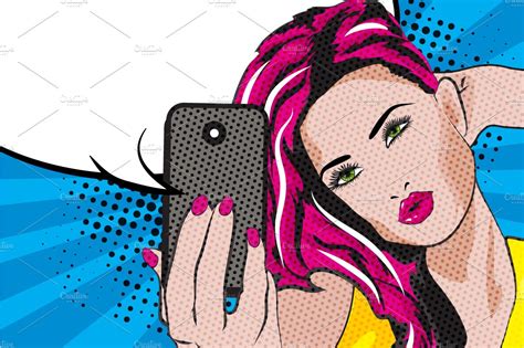 Pop Art Woman Taking Selfie. | Pre-Designed Illustrator Graphics ~ Creative Market