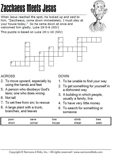 Zacchaeus Meets Jesus Crossword Puzzle Zacchaeus Sunday School