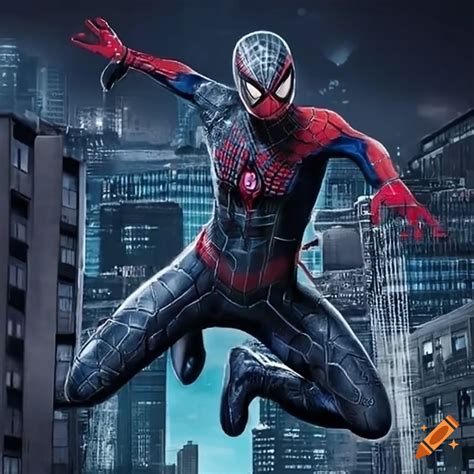 Spider Man In A Futuristic Suit Swinging Through The City