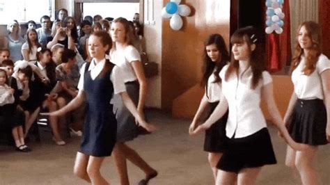Five Cute Russian Schoolgirls Are Dancing
