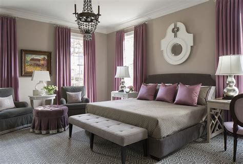 Purple And Gray Bedroom With Mismatched Nighstands