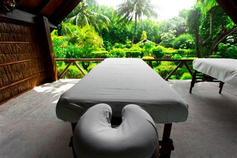 Spa Beds Ready To Massage At Outdoors Tropical Island Stock Image Image Of Lounge Green 85006075