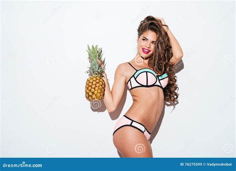 Young Smiling Pretty Girl Holding Pineapple And Posing Stock Image Image Of Holding Isolated