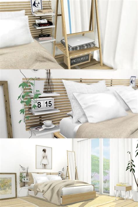 Two Pictures Of A Bedroom With White Walls And Wood Furniture