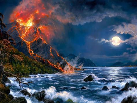 A collection of the top 45 pc wallpapers and backgrounds available for download for free. Eruption Of Volcano Sea Full Moon Fantasy Art Hd Wallpaper ...