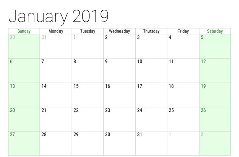 January 2019 Monthly Calendar Template