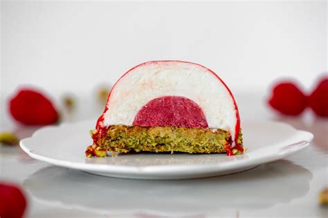 No avocado or aquafaba required. White Chocolate Mousse Domes with Raspberry Gel, Pistachio ...