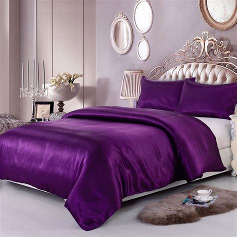 Meiluo 2016 New Solid Purple Satin Fabric Bedding Set Duvet Cover Pillow Cases For Full Queen