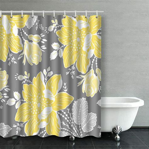 Artjia Yellow Gray White Floral Bathroom Shower Curtain 60x72 Inches
