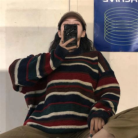 Vintage Curly Neck Striped Oversized Knit Sweater In 2020 Oversized