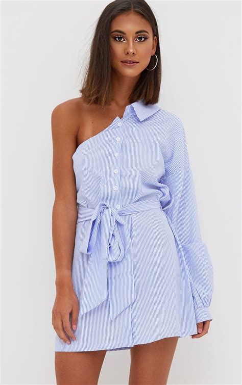 Blue Striped One Shoulder Shirt Dress Dresses One Shoulder Shirt