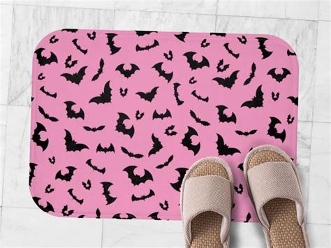 Pastel Goth Pink With Flying Bats Decorative Bath Mat Cute Pink