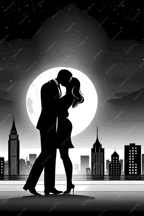premium vector silhouette of romantic couple kissing in the moonlight