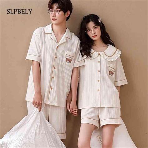 Slpbely Cotton Couple Pajamas Homesuit Set Summer Casual Lapel Men And Women Short Sleeves
