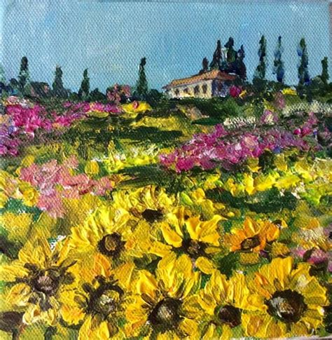 Tuscany Sunflower Landscape Original Painting 6 X 6 By Sersonart