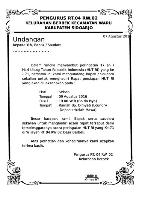 Kumpulan Contoh Undangan Rapat Rt Agustus Hari Kemerdekaan Desain My