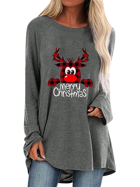 Womens Christmas Pullover Plus Size Tops Long Sleeves Casual Tunic T