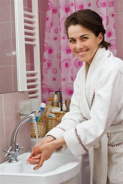 Young Woman Washing Hands In Bathroom Stock Image Image Of Clean