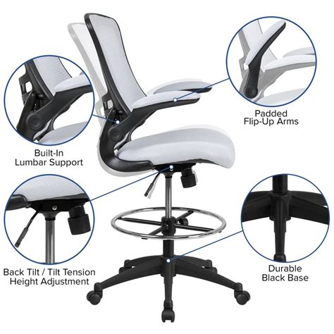 Mid Back White Mesh Ergonomic Drafting Chair With Adjustable Foot Ring