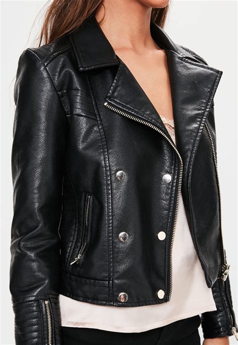 missguided black faux leather military biker jacket lyst