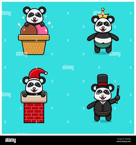 Set Of Cute Baby Panda Character With Various Poses. On Ice Cream
