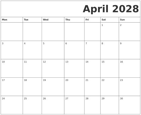 April 2028 Free Printable Calendar