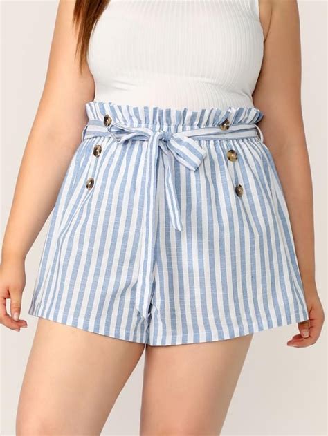 Plus Size Cotton Shorts With High Frill Waist Striped And Button Deta