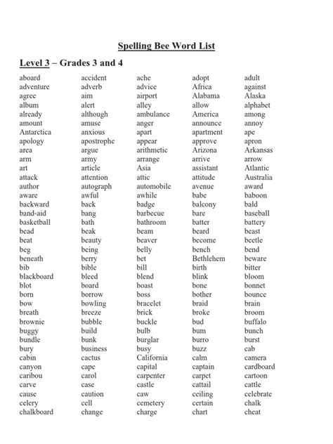 Spelling Bee Word List Level 3 Grades 3 And 4