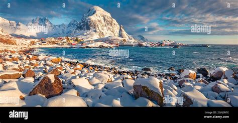 Breathtaking Winter Scene Of Southernmost Of Lofoten Islands Town Named
