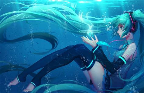 Anime Vocaloid Hatsune Miku Long Hair Twintails Aqua Hair Aqua Eyes Blush Smile Auric Fondos