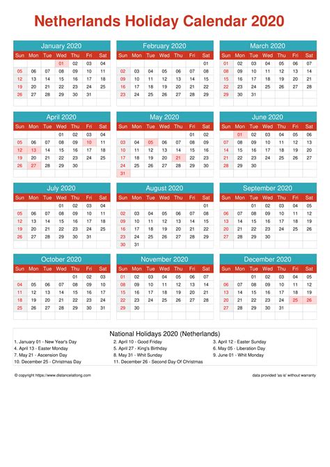 More 2020 Netherlands Holiday Calendar Templates