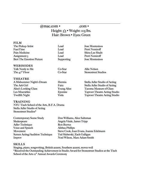 Musical Theatre Resume Examples Theater Actor Resume Browse Through