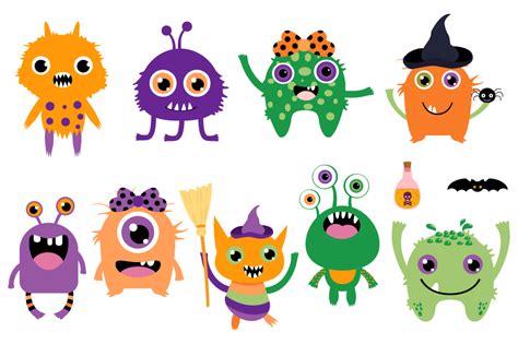 Cute Halloween Monsters Clipart Set Funny Silly Creatures