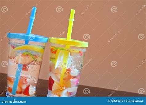 Glasses With Straws And Fruit Water Summer Fruit Refreshing Drink