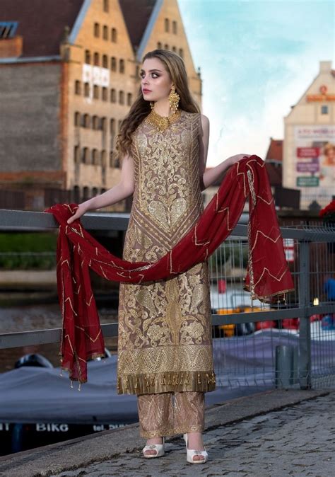 Pakistani Sequins Embroidered Outfit In Brown Color Nameera By Farooq
