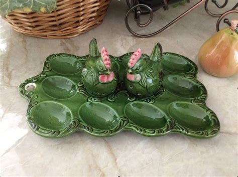 Green Vintage Deviled Egg Plate With Salt And Pepper Shakers Deviled Egg Plate Chickens And